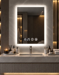 Oglinda baie dreptunghiulara cu LED, display digital si functie touch