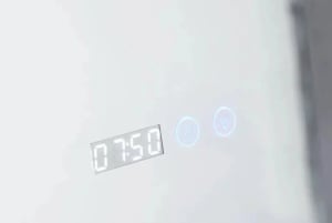 Oglinda baie LED ovala cu baza dreapta, afisaj digital si buton touch, design modern