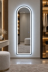 Oglinda LED verticala cu rama neagra si buton touch, design modern pentru dressing