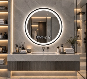 Oglinda smart rotunda cu rama neagra, ceas digital si buton touch