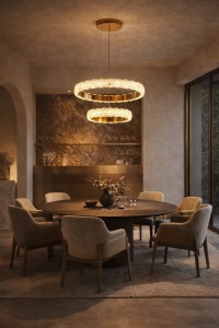 Lustră LED suspendată cu două cercuri și finisaj auriu, iluminat modern pentru interior