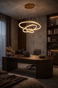 Lustră LED suspendată modernă cu trei inele luminoase aurii, dispuse în design spirală elegantă