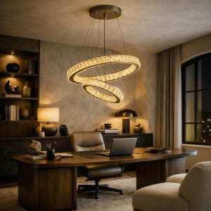 Lustră LED modernă cu două inele suspendate, cristale strălucitoare și design elegant încrucișat pentru iluminat decorativ