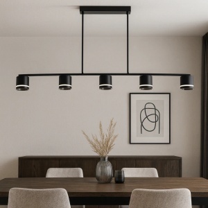 Lustră lineară modernă cu cinci spoturi LED cilindrice, design minimalist în finisaj negru