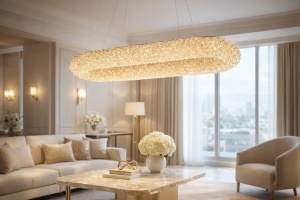 Candelabru LED oval auriu cu cristale strălucitoare, perfect pentru iluminat modern în dining sau living