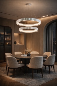 Lustră LED suspendată modernă cu două inele luminoase ondulate, finisaj alb și design contemporan, ideală pentru iluminat decorativ în living, dining sau spații elegante