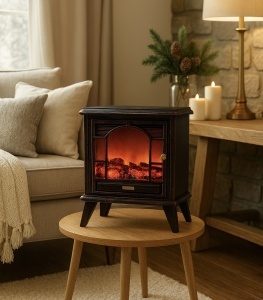șemineu decorativ rustic pentru living cu efect de foc artificial