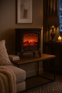 Șemineu electric decorativ vintage maro antichizat cu efect de flacără roșie, ideal pentru living clasic