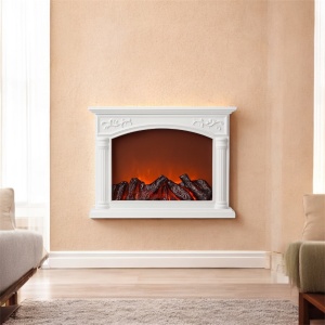 Șemineu electric decorativ alb cu efect de flăcări și jar, design clasic pentru living, dormitor sau interior modern
