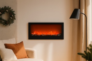 șemineu decorativ electric dreptunghiular cu ramă neagră și flacără LED