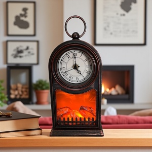 șemineu decorativ retro agățabil cu ceas și efect flacara LED