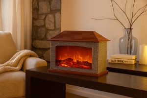 Șemineu decorativ electric cu efect de flăcări și jar, design tip cărămidă și acoperiș, decor pentru interior