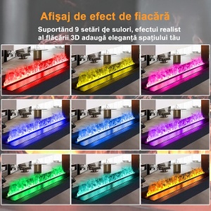 șemineu electric cu flăcări 3D din abur, telecomandă multicolor, încălzire și afișaj LCD incorporabil din oțel