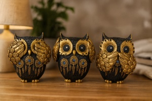 figurine trei bufnițe – nu vorbesc, nu aud, nu văd răul, simbol al înțelepciunii