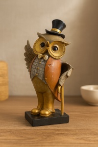 statuetă bufniță decorativă stilizată, purtând pălărie și baston, simbol al înțelepciunii și eleganței