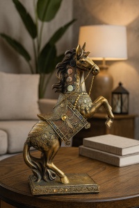Statuetă artistică reprezentând un cal cabrat, finisaj auriu cu șa decorată și lanț ornamental