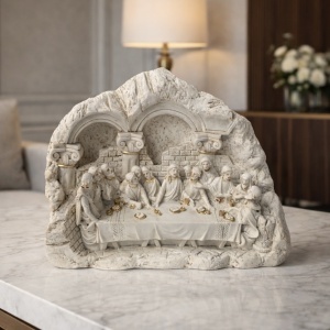 Statueta Cina cea de Taina, decor religios cu Iisus si apostolii, sculptura alba ornamentala