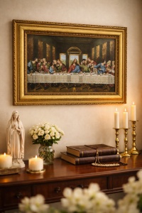 Tablou decorativ religios Cina cea de Taină, scenă clasică cu Iisus și apostolii, în ramă ornamentală