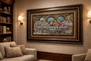 Tablou decorativ Cina cea de Taină cu ramă maro ornamentată, decor religios pentru perete