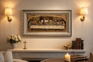 Tablou decorativ religios Cina cea de Taină, scenă clasică cu Iisus și apostolii, în ramă ornamentală