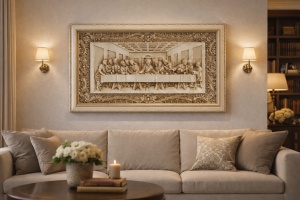 tablou religios cu scena Cina cea de Taină, relief alb-crem, cu detalii finisate și ramă decorativă elegant