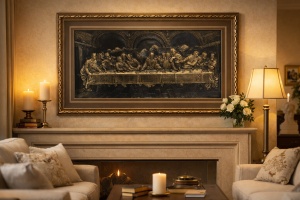 tablou relief auriu reprezentând Cina cea de Taină, în ramă elegantă cu detalii decorative aurii