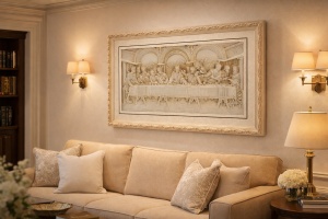 tablou relief bej reprezentând Cina cea de Taină, cu ramă decorativă sculptată în nuanțe deschise