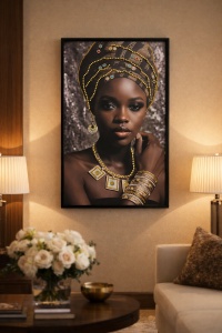 Tablou decorativ cu portret de femeie africana, bijuterii aurii si turban elegant