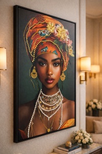 Tablou decorativ cu portret de femeie africana, turban colorat si bijuterii elegante