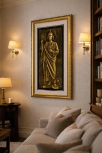 Tablou cu Iisus Hristos în relief auriu, cu ramă decorativă aurie, decor religios pentru perete