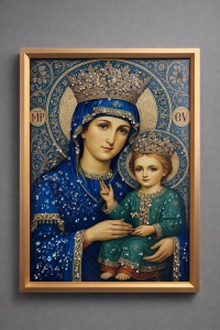Tablou Maica Domnului cu Pruncul Iisus Hristos cu Pietricele 40x30cm - Gold