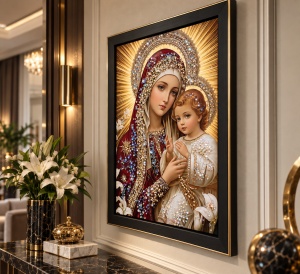 Tablou Maica Domnului cu Pruncul Iisus Hristos cu Pietricele 40x30cm - Black - Img 3