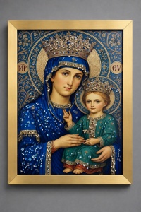 Tablou Maica Domnului cu Pruncul Iisus Hristos cu Pietricele 40x30cm - Gold