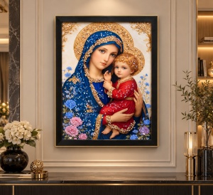 Tablou Maica Domnului cu Pruncul Iisus Hristos cu Pietricele 40x30cm - Black - Img 2