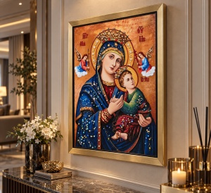 Tablou Maica Domnului cu Pruncul Iisus Hristos cu Pietricele 40x30cm - Gold - Img 3