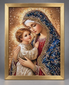 Tablou Maica Domnului cu Pruncul Iisus Hristos cu Pietricele 40x30cm - Gold