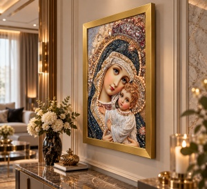 Tablou Maica Domnului cu Pruncul Iisus Hristos cu Pietricele 60x40cm - Gold - Img 3