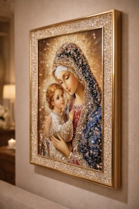 Tablou Maica Domnului cu Pruncul Iisus Hristos cu Pietricele si Sclipici 62x42cm