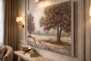 Tablou decorativ cu peisaj de toamnă, drum sinuos și copaci în nuanțe calde