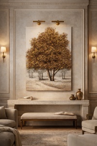 Tablou decorativ panoramic cu peisaj de toamnă, copaci aurii și drum rural