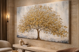 Tablou modern cu copac cu frunze aurii in peisaj natural