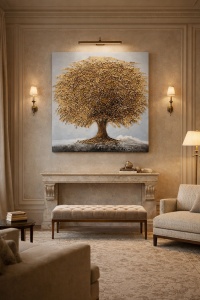 Tablou Reliefat 3D Pictat cu Pomul Vietii Auriu 60x60cm