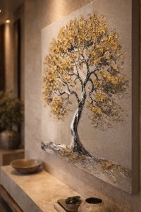 Decor living cu tablou copac auriu si design elegant