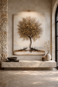 Tablou decorativ cu copac auriu solitar, pictura pe panza in nuante neutre