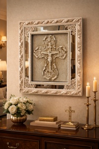 tablou religios cu cruce bej în relief, în ramă elegantă crem cu detalii decorative și margini oglindite
