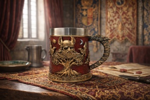 Halba bere viking cu simbol Yggdrasil cana decorativa stil nordic