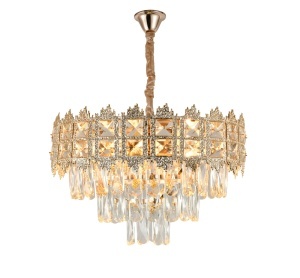 Candelabru elegant auriu cu cristale tip picătură, design în trepte pentru iluminat de lux