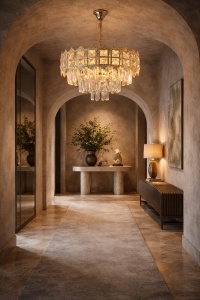 Candelabru elegant auriu cu cristale tip picătură, design în trepte pentru iluminat de lux