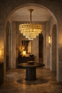 Candelabru elegant auriu cu cristale tip picătură, design în trepte pentru iluminat de lux
