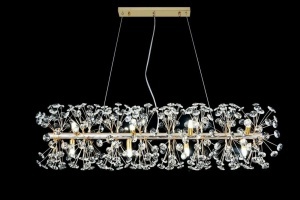 Candelabru modern rectangular auriu cu cristale decorative, design tip flori și suspendare reglabilă